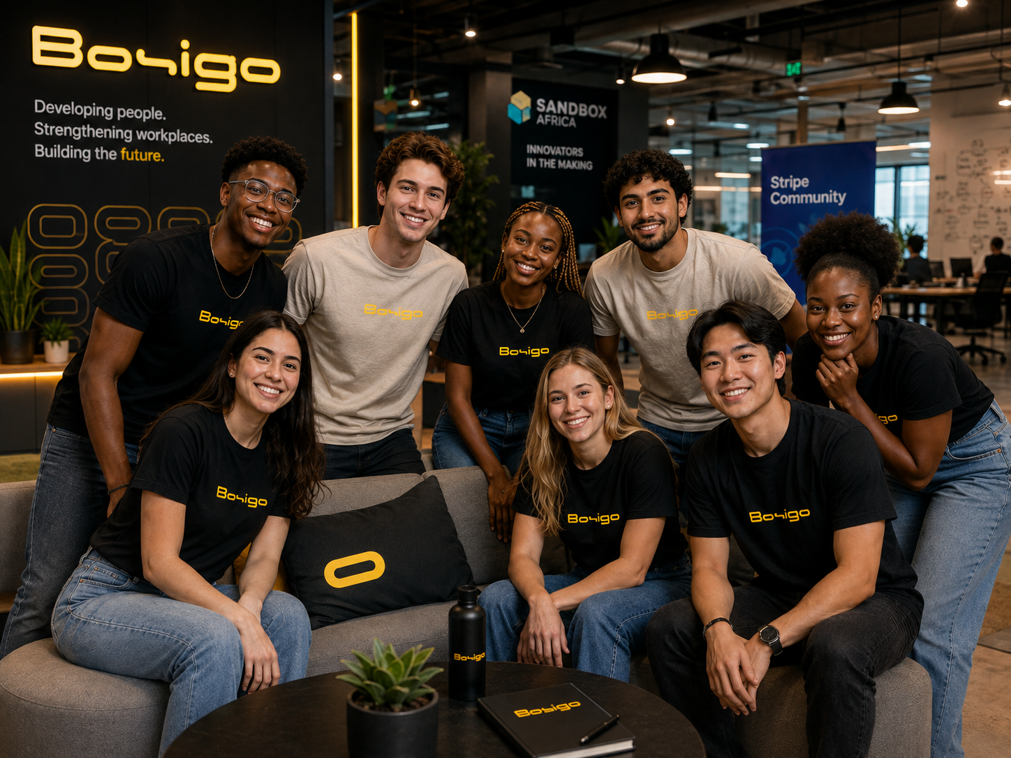 Bosigo team members collaborating in a professional innovation workspace